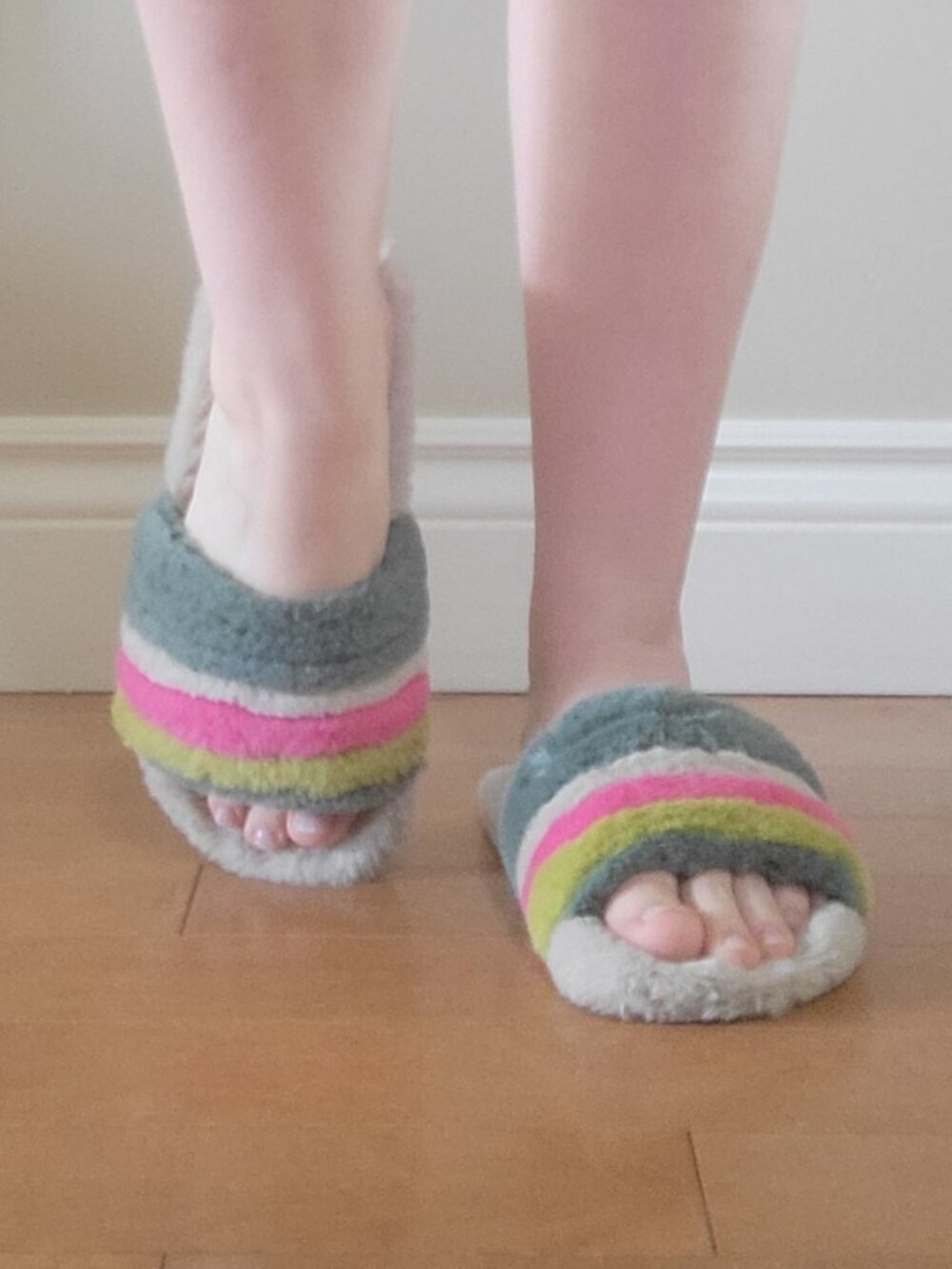 Women's fuzzy slipper sandals, well worn